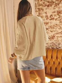 Aralina Ruffled V-Neck Long Sleeve Front Tie Blouse - Khaki - View 2