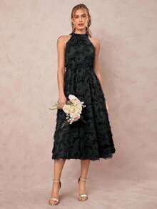 Amorya 女式优雅提花纹理挂脖收腰 A 字连衣裙，春夏 - 黑色 - 查看 6