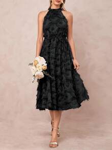 Amorya 女式优雅提花纹理挂脖收腰 A 字连衣裙，春夏 - 黑色 - 查看 7