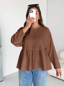 SHEIN Essnce 大码女装春秋季时尚休闲宽松舒适日常质感面料棕色长袖荷叶边衬衫，曲线可爱上衣，秋季返校季，简约风格 - 棕色 - 查看 4