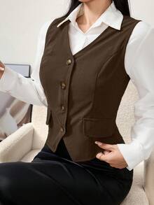 Modelyn Rompi Kasual Wanita Warna Polos Leher V Kancing Tunggal, Musim Gugur - Mocha Brown - View 3