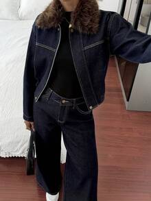 DAZY Women's Autumn/Winter Thermal-Lined Colorblock Turndown Collar Loose Casual Jacket With Large Pockets, Outdoor Streetwear, And Wide-Leg Jeans Set - Dark Wash - View 3