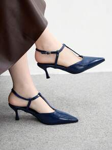 CUCCOO BIZCHIC Zapatos de tacón bajo con punta puntiaguda y correa de tobillo en color marrón café, adecuados para ir al trabajo, citas y fiestas, zapatos de primavera - Azul Marino - Ver 3