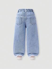 Young Girl Light Wash Blue Strawberry Print Wide Leg Jeans, Comfortable Sweet Casual Vacation School Style Recommended! - Light Wash - View 2