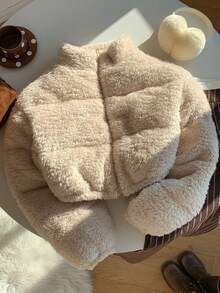 Comfortcana 女式纯色长袖人造毛皮短款面包夹克，冬季外套 - 杏色 - 查看 6