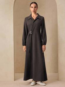 Graceveil 绿色金属装饰腰部收紧长袖优雅连衣裙 - 咖啡 - 查看 6