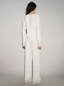 Lumivelle 2 件套，高弹针织刺绣拼布，纯色修身圆领喇叭袖，开衩下摆，下摆和袖口蕾丝花边，腰部收紧阔腿直筒裤，休闲时尚舒适优雅日常穿着，春/秋/冬 - 軍綠色 - 查看 3