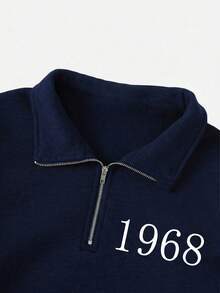 Sparklyn Áo khoác nỉ có khóa kéo in họa tiết vintage dành cho nữ tuổi teen, kiểu dáng thoải mái, rộng rãi, màu xanh navy đậm, thích hợp cho mùa thu/đông. - Xanh đậm - Xem 4