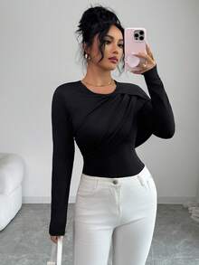 Rafferiza Women's Solid Color Round Neck Long Sleeve Ruched Fitted Fashion T-Shirt Long Sleeve Black Top Women Long Sleeve Tops Black Sexy Tops Full Sleeve Tops - Black - View 6