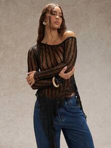 SHEIN Glamour Áo ren tay dài hở vai, viền bất đối xứng cho nữ, gợi cảm và mỏng manh, thích hợp mặc nhiều lớp hoặc mặc riêng, mùa thu/đông - màu đen - Xem 4
