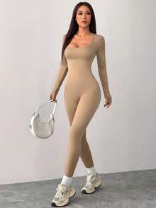 SHEIN PETITE 黑色針織方領緊身休閒運動瑜伽連身衣 高彈力連身裙女款 小碼女款 - 駝色 - 查看 3