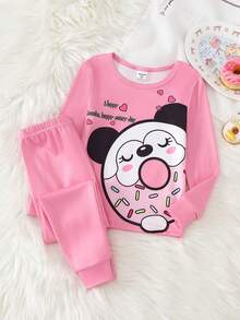 少女可爱甜甜圈印花粉色长袖和裤子睡衣套装 - 粉色 - 查看 5