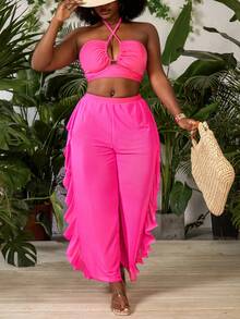 Slaydiva Holiday Beach Neon Color Plus Size 3 PiecesSwimsuit Set - Hot Pink - View 5