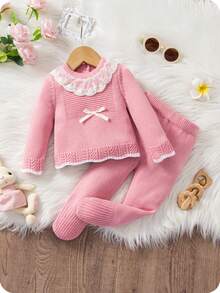 SHEIN Bộ 2 món áo len tay raglan phối ren hồng dễ thương cho bé gái sơ sinh, mềm mại và thoải mái, thích hợp mặc hàng ngày, đi chơi, du lịch, nghỉ mát, ở nhà, nhà trẻ, mùa thu/đông, giáng sinh, đi học, tiệc tùng, đa năng - Hồng - Xem 7