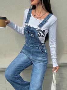 Rivivi 女士秋季休闲百搭喇叭形牛仔背带裤，带口袋，牛仔背带裤，牛仔连体裤，女士背带裤，牛仔连体裤，牛仔连身裤