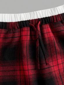 SHEIN Tween Girls' Loose Casual Contrast Trim Simple Comfortable Mid-Rise Wide Leg Pants, Christmas Red Plaid - Red - View 4