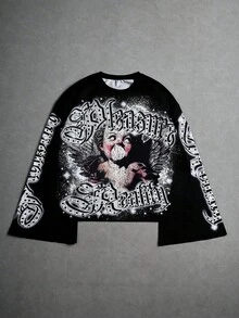 PAVTROS Áo thun tay dài in họa tiết thường ngày cỡ lớn dành cho nam, áo thun nam phong cách Gothic, áo crop top họa tiết, rộng thùng thình, họa tiết, bạn bè, thay thế, bạn bè, thời trang đường phố, dành cho nam, chạy bộ, nam cỡ lớn, ngoại cỡ - màu đen - Xem 4