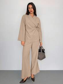 Aloruh Bộ thời trang vải lanh xám: Áo sơ mi dài tay cổ bẻ + Quần ống đứng - Màu Khaki - Xem 3