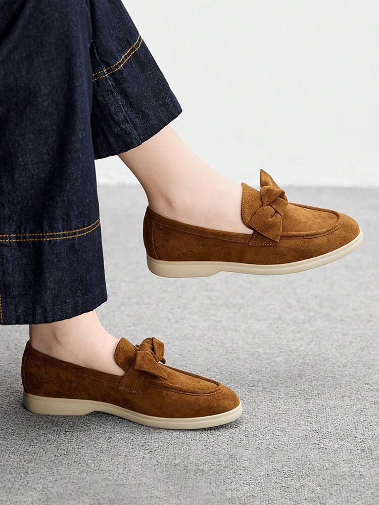 CUCCOO BIZCHIC Women's Fashion Brown Suede Bow Comfortable Casual Loafers, Suitable For Commuting, Outdoor, Travel, Shopping, Work, Daily Wear