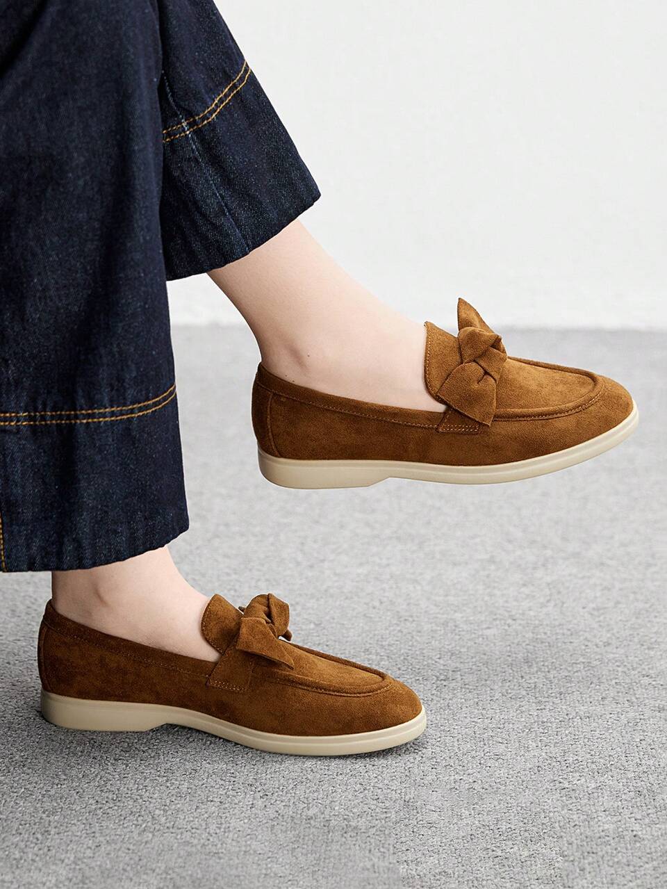 CUCCOO BIZCHIC Women's Fashion Brown Suede Bow Comfortable Casual Loafers, Suitable For Commuting, Outdoor, Travel, Shopping, Work, Daily Wear