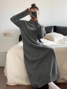 DAZY 女士宽松休闲灰色Polo领针织连衣裙，秋冬毛衣裙