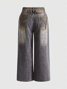 ROMWE Grunge Punk Plus Size Y2K Leopard Print Rhinestone Chain Flare Jeans - Brown - View 2