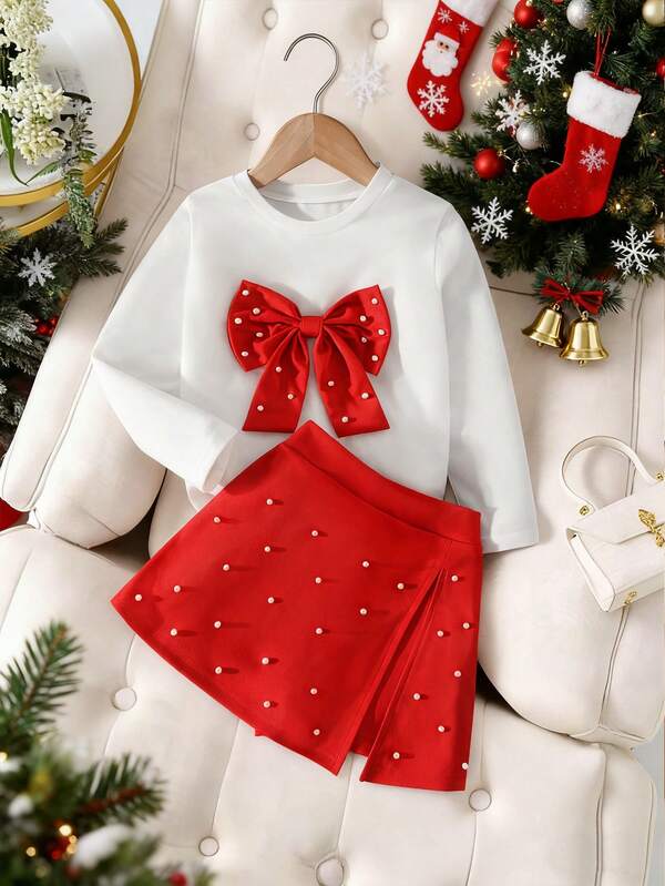 Dziewczęca koszulka z okrągłym dekoltem i długim rękawem, z kokardą i perłowym wzorem, z krótkimi spodenkami i wysokim stanem, z perłowym wzorem, strój na powrót do szkoły, odpowiedni na święta i Boże Narodzenie, w kolorze czerwonym