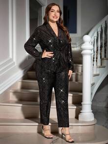 Gownix 加大码女式优雅天鹅绒套装，带金箔、夹克和裤子，适合秋冬季亮片连体裤长袖连体裤，适合女士闪光服装女式闪亮连体裤闪亮服装 - 彩色 - 查看 10
