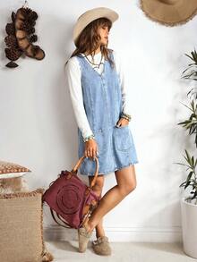 EMERY ROSE Women's V-Neck Sleeveless Casual Denim Bib Dress With Dual Pockets - Light Wash - View 7