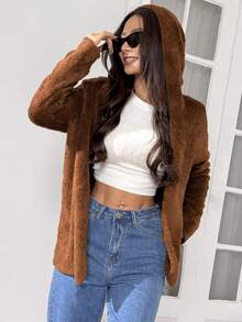 SHEIN EZwear 秋冬休闲慕斯棕色双面宽松连帽衫 - 摩卡棕 - 查看 5