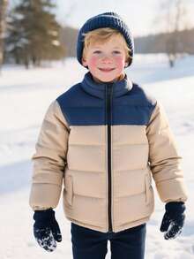 SHEIN 青少年男童牛仔棉衣，男童冬季新款棕色拼布开衫拉链立领外套男童厚棉衣，时尚冬季外套，儿童户外街头服饰，适合上学、聚会 - 卡其色 - 查看 4