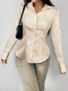 SHEIN EZwear Camicia a maniche lunghe da donna a righe intrecciata color albicocca - Albicocca - Visualizzare 4