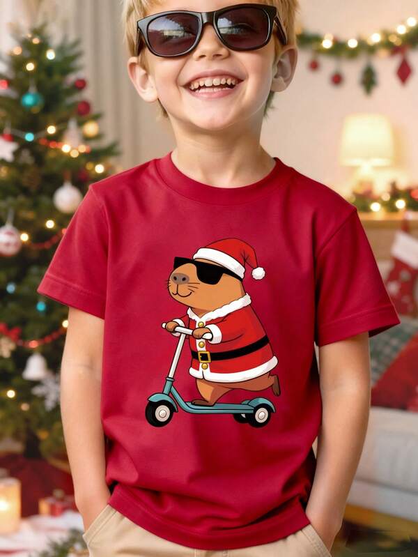 GraphicGems Camiseta de manga curta com estampa de skate e capivara para meninos adolescentes, camiseta casual vermelha de Natal para meninos, moderna, versátil, estampada, uso diário, jovem estudante, streetwear/casual/elegante/diário/esportes/moda/universitário