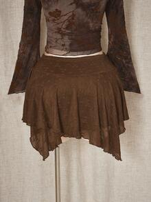 SHEIN ICON 大码女式波西米亚风格棕色纹理针织不对称迷你裙 - 棕色 - 查看 2