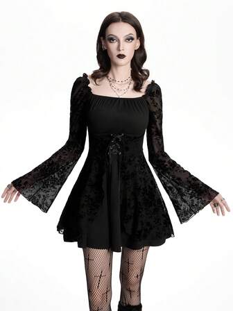 Breakform Vestido vintage de mujer con mangas acampanadas de malla con efecto aterciopelado, elegante y gótico, con cintura anudada, adecuado para vacaciones, vuelta al colegio y uso diario