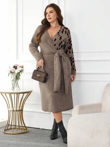 Modelyn Plus Size Autumn/Winter Fashion Leopard Print Patchwork Tie-Up Wrap Knit Dress - Brown - View 1