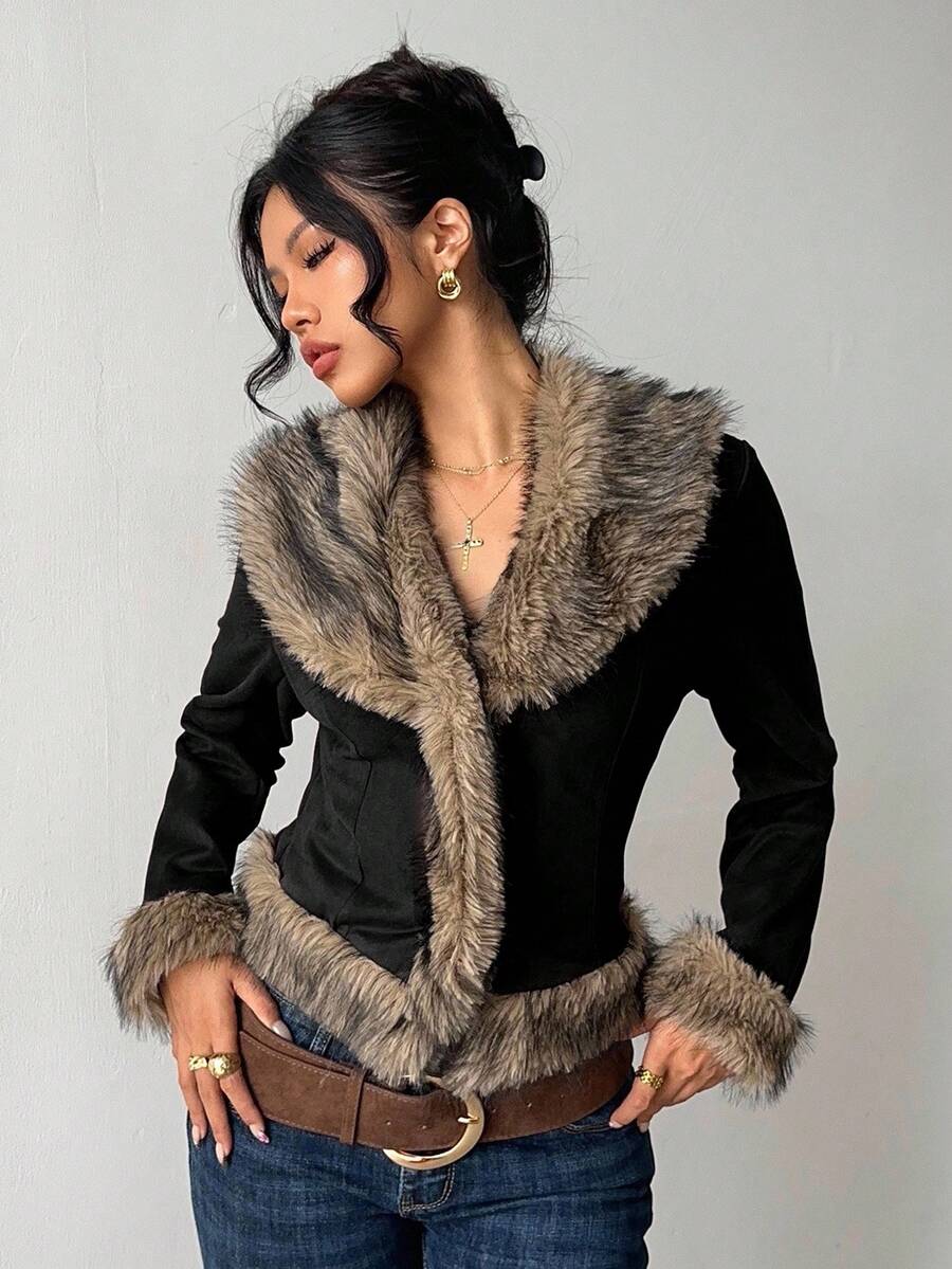 Aloruh 女士秋冬绒面抓绒外套，黑色波西米亚性感外衣，拼接人造毛皮大衣