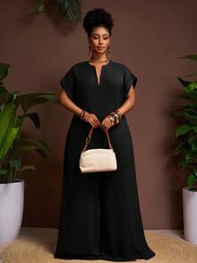 Veslaya Bộ đồ liền thân ống rộng tay ngắn cổ chữ V màu sô cô la thanh lịch mới 2025, cỡ lớn dành cho nữ, mùa hè - màu đen - Xem 8