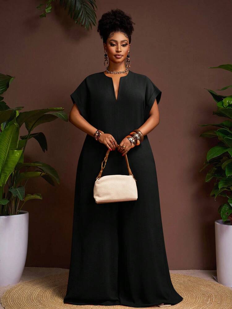 Veslaya 2025 New Vintage Elegant Chocolate V-Neck Short Sleeve Wide Leg Jumpsuit, Plus Size Women, Summer - Black - View 8
