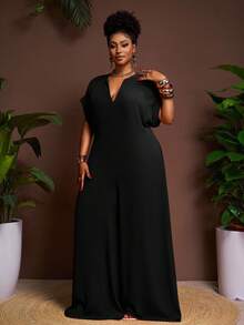 Veslaya Bộ đồ liền thân ống rộng tay ngắn cổ chữ V màu sô cô la thanh lịch mới 2025, cỡ lớn dành cho nữ, mùa hè - màu đen - Xem 9