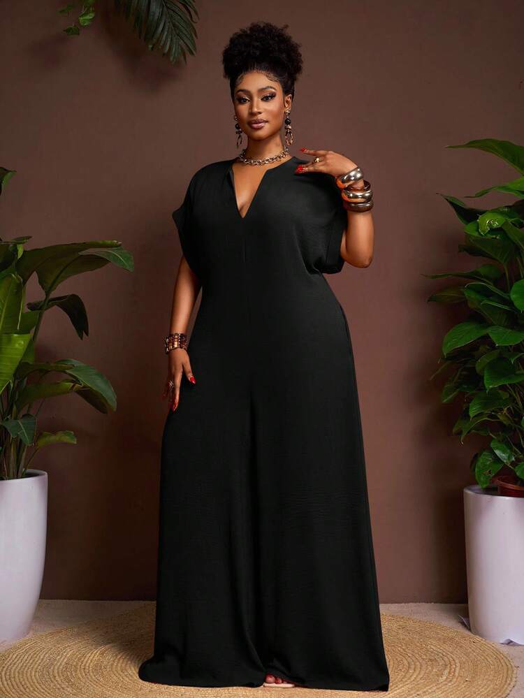 Veslaya 2025 New Vintage Elegant Chocolate V-Neck Short Sleeve Wide Leg Jumpsuit, Plus Size Women, Summer - Black - View 9