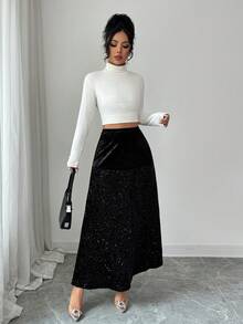 Rafferiza Women's New Fashionable Sequin Shiny High-End Solid Color Elastic Waist Skirt, Ideal For Parties And Dates, Luxurious And Elegant - Black - View 6