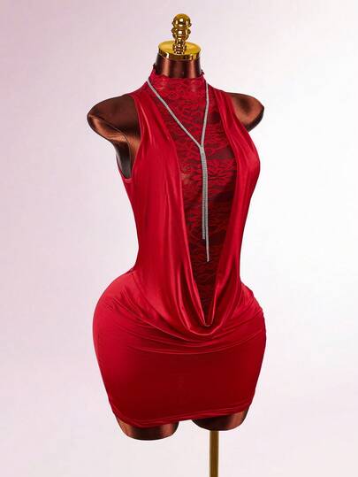  Y2K Amplova Christmas High Neck Ruffled Lace Solid Color Draped Neck Sleeveless Semi-Sheer Bodycon Mini Skirt, Autumn/Winter Thanksgiving And New Year,Party Dresses For Women,Christmas Party Dress,Red Dresses For Women,Christmas Dresses For Women