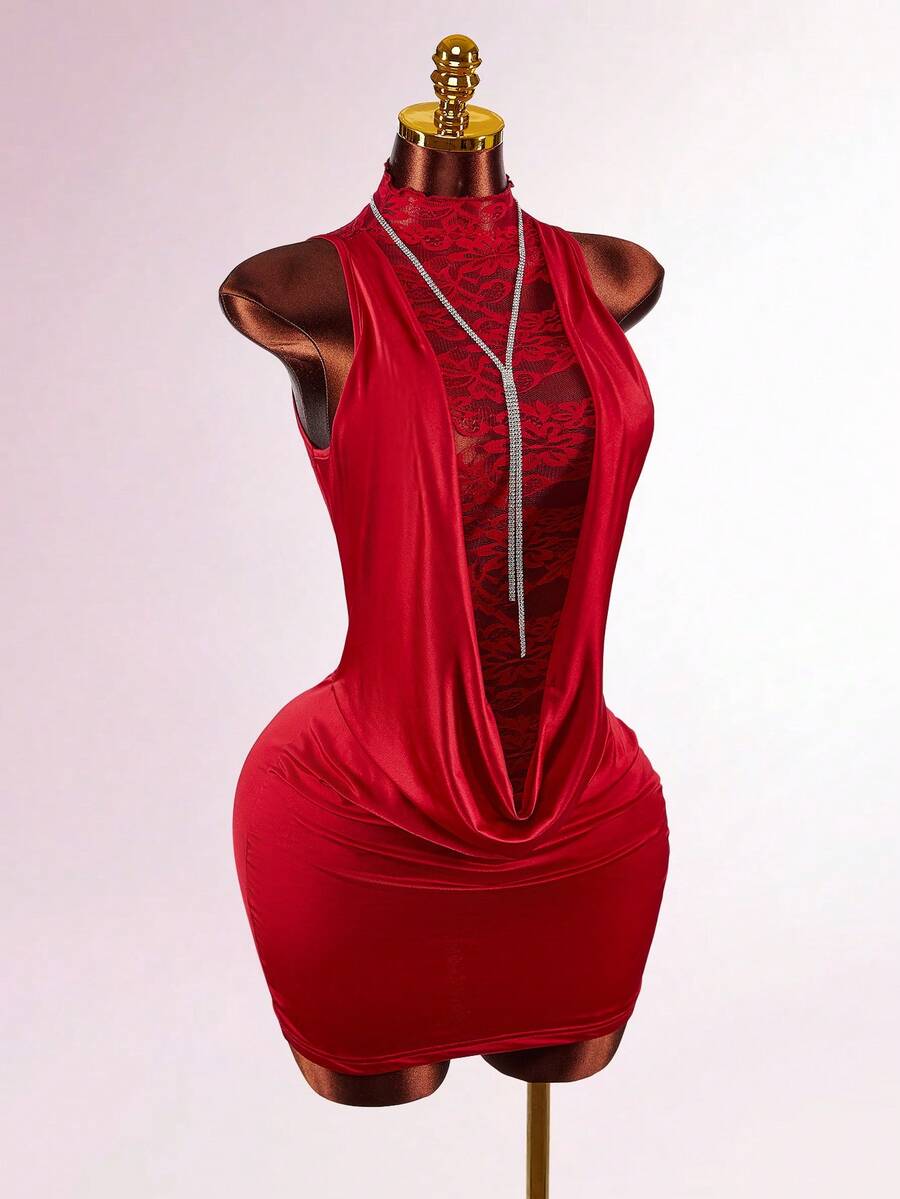 Amplova 高领荷叶边蕾丝纯色垂坠领无袖半透明紧身迷你裙 - 酒紅色 - 查看 1