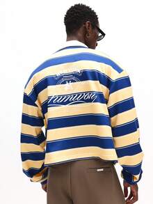 SUMWON 长袖短款条纹橄榄球 Polo 衫，撞色白领，适合休闲穿着 - 彩色 - 查看 2