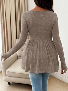 SHEIN Comfortable Khaki Maternity T-Shirt Long Sleeve Round Neck Knitted Flared Long Top - Khaki - View 2