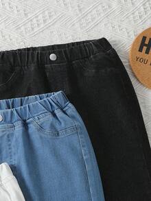 SHEIN 3 件套 TWEEN GIRLS 牛仔裤，高弹柔软牛仔面料，3 种颜色，腰部纽扣细节，休闲基本款，百搭版型，适合秋冬季，新款高价值牛仔裤套装 - 彩色 - 查看 7