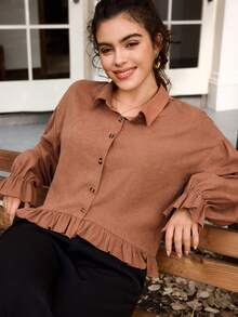 SHEIN Frenchy Blusa Casual Plus Size com Babado na Barra, Cor Sólida, Outono - Castanho - Visão 6