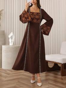 Al Najma Gaun Lengan Panjang Elegan dengan Hiasan Bordir Blok Warna Bertekstur Patchwork dan Aksen Applique di Pinggang, Cokelat Kopi, Musim Gugur/Dingin - Coklat - View 6