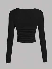 SHEIN EZwear 女款百搭黑色V領長袖修身保暖T恤，休閒百搭，適合秋季日間、夜晚與辦公室穿著 - 黑色 - 查看 5